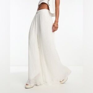 GOOD AMERICAN White Plisse Georgette Wide Leg Pleated Pants